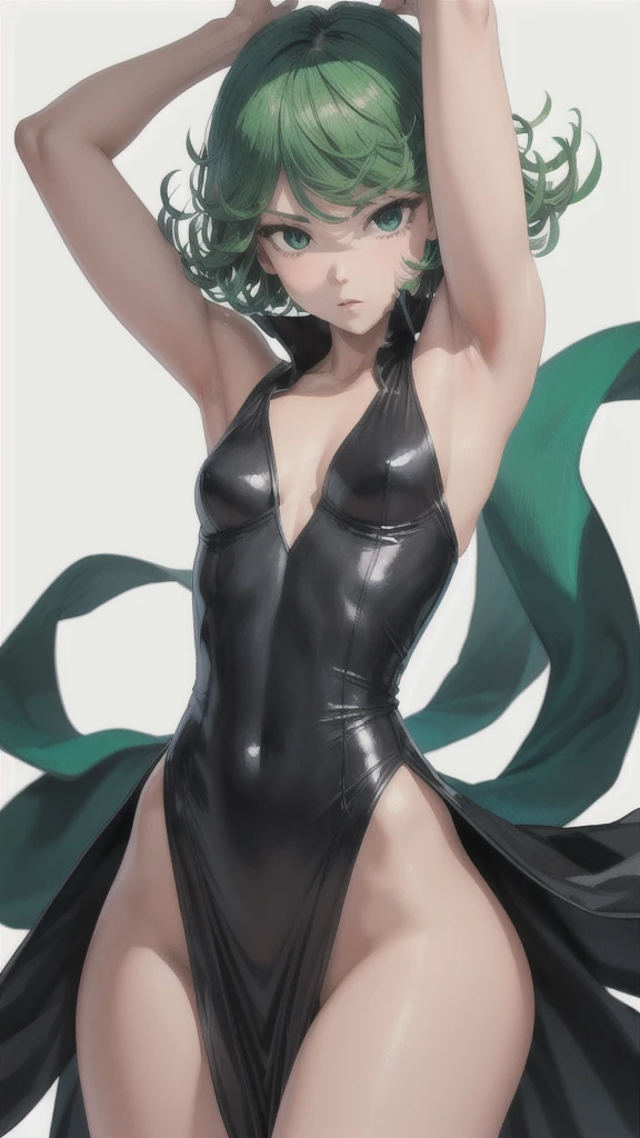 (1 girl, Alone, Masterpiece, 4k, Best Quality:1.2, (cowboy shot), Best Quality:1.2, good hands, showy, (perfect hands, perfect anatomy)),
Tatsumaki, black dress, tight dress, neckline, ((small breasts, medium hips, looking at the viewer)), pelvic curtain, latex, short hair, green fur, (((arms up, hands lifting your clothes, hidden hands))),
((simple background, White background)), from avajo,