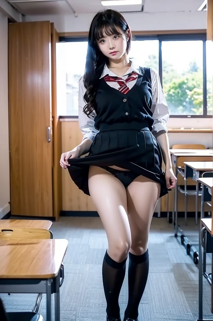Lift up your skirt、Showing panties、、Black Hair、Showing panties、Lift up your skirt、Pull up your skirt、Condescending expression、School classroom