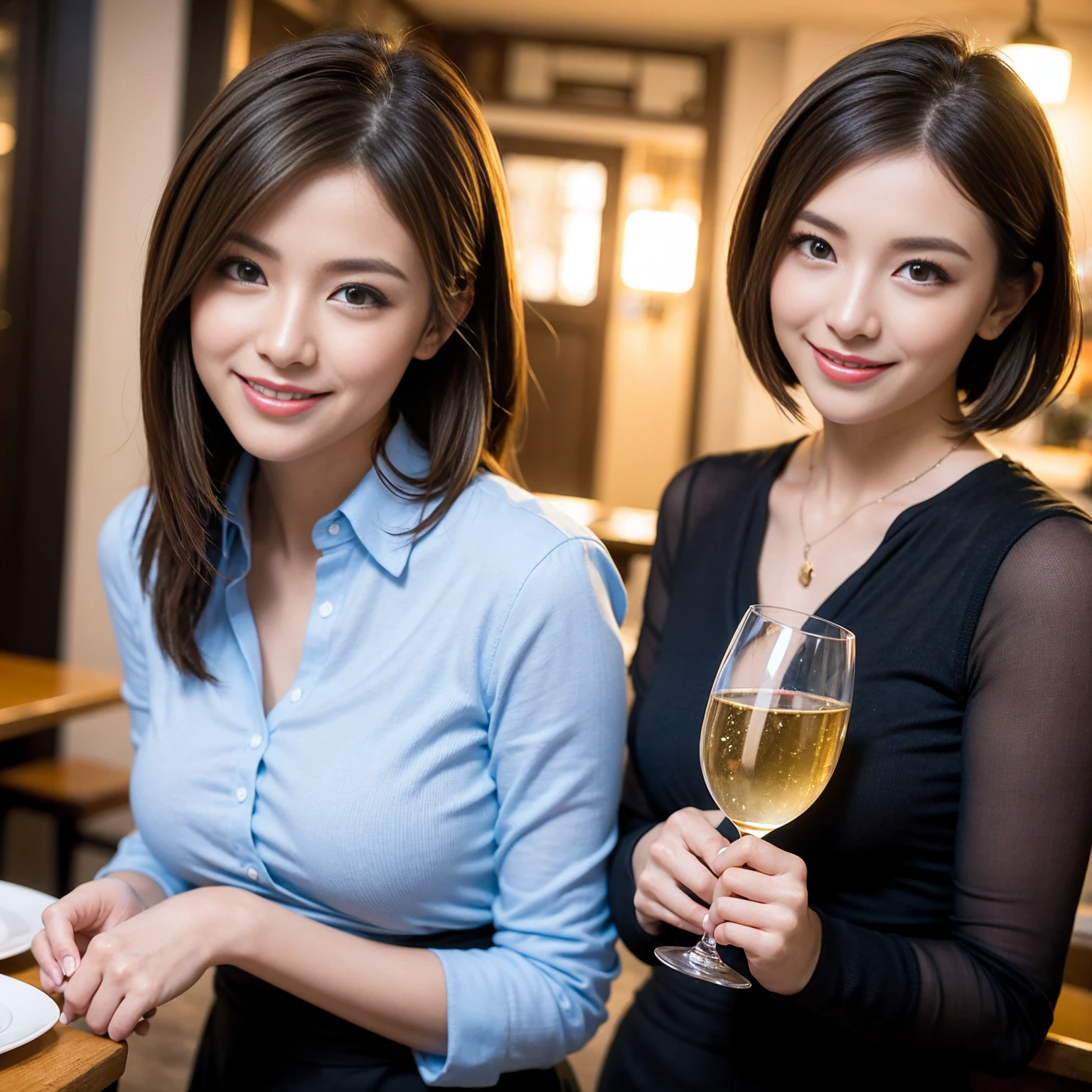 ((Highest quality、8K、masterpiece:1.3))、slimカップル、ピンクのdress、modelカップル、(Realistic, Intricate details:1.2), full-course dinner、Wine Party、Amazing view of the sunset sky and clouds、A bright smile、The wonderfulness of smile、Bright image、The beauty of wine, Beautiful Face, blue eyes, The light shines on your face, Blushing, short hair,Bright Face、 (Age 37), 39 years old, red wine 、Appetizers、Italian food、Wine bottle、Champagne、sparkling wine、Two beauties、Brown Hair、Shortcuts、Long sleeve shirt、dress、Beautiful woman 1, (slimな顔), (The body is slim), (Brown Hair), (Shortcuts), cheeks turn a little red,Attractive beauty、restaurant, In a prominent place (From the waist up) Nova Frog Style, actress, model, Upper Body, White wine, slim, wine glass, 中央に置かれたwine glass, smile, (smile: 1.15), Beautiful fine grain, Depth f/2,saturation, High Contrast, Strong light and shadow,Moist Body:1.5、3D texture、Delicate eyes、Brown Hair、The hair is very shiny、