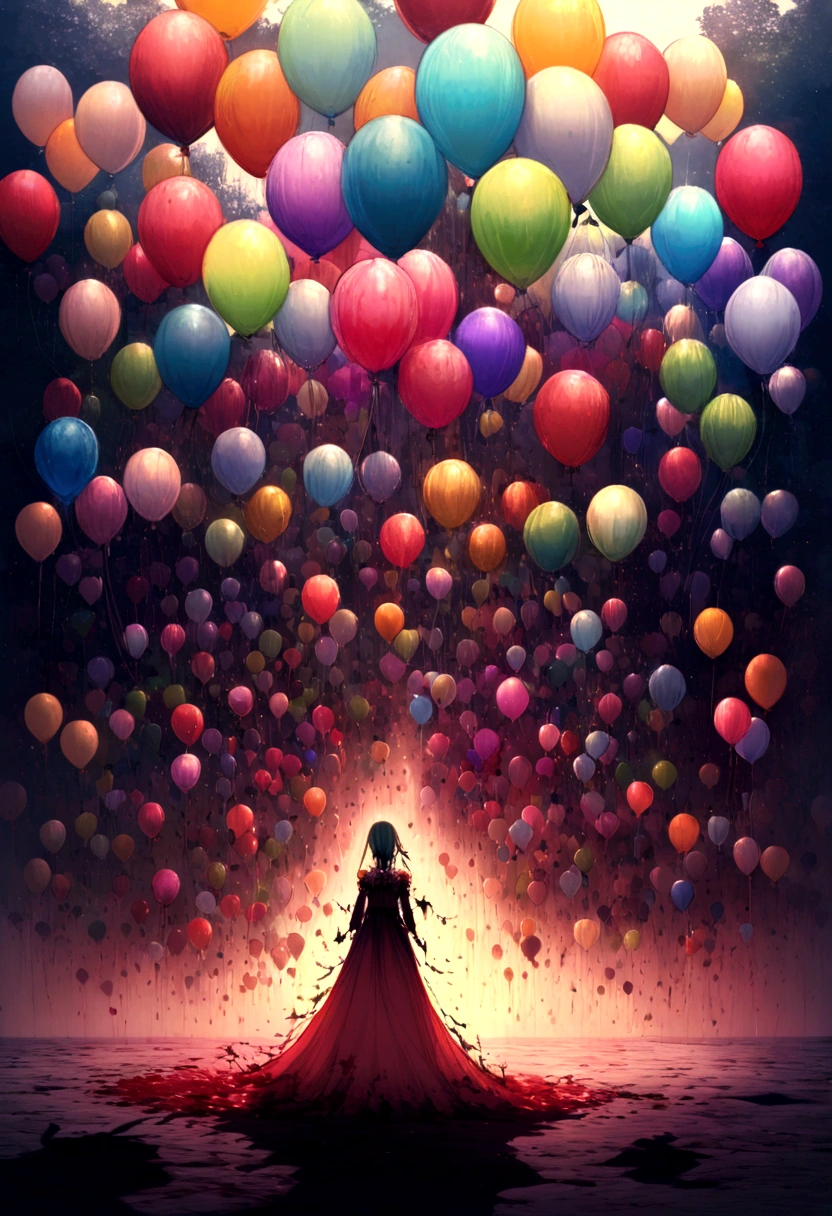Depict a scene where a clear sky is adorned with a group of colorful hot air balloons, but one balloon suddenly bursts violently. Instead of helium and fabric, it leaks blood and flesh, creating a surreal blend of horror and beauty. Sunlight reflects off the colorful fragments of the balloon as they drift, casting eerie shadows on the calm ground below