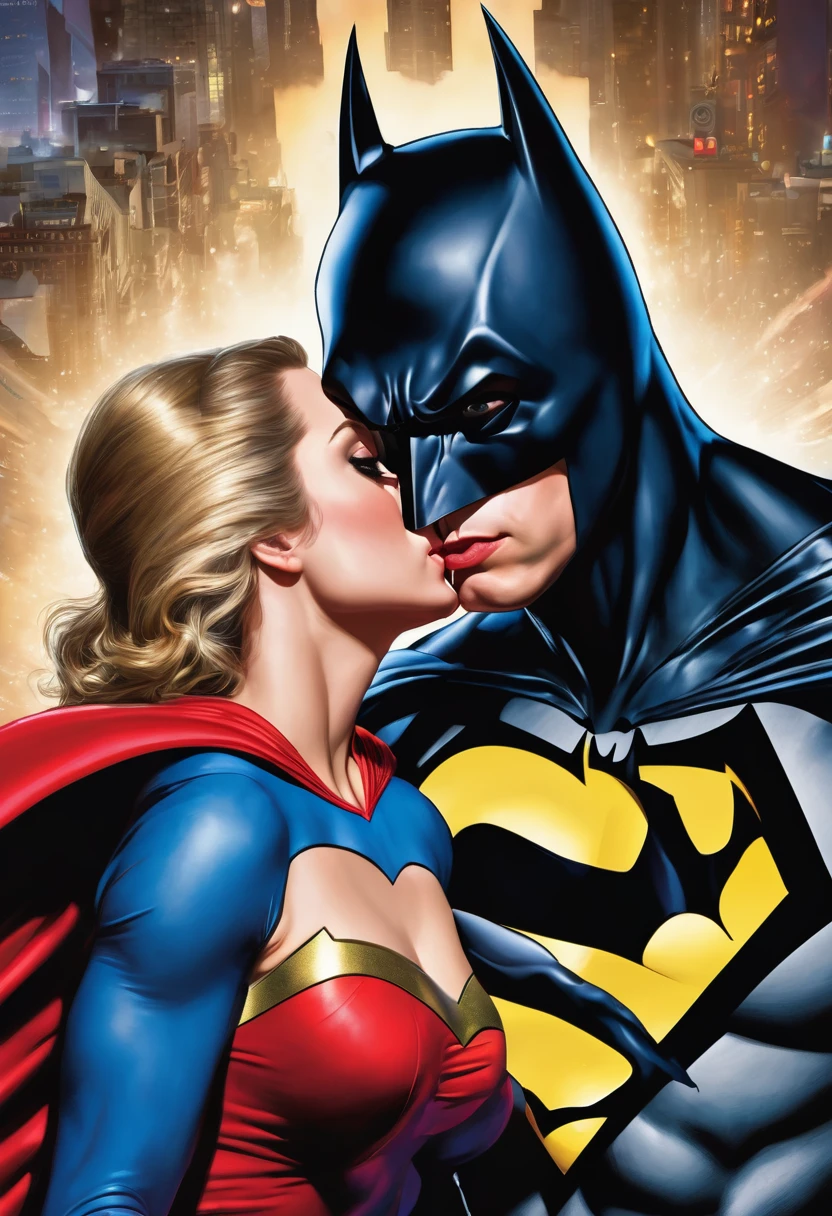 Hyper realistic image of Super Girl kissing Batman while grabbing his big, veiny penis
