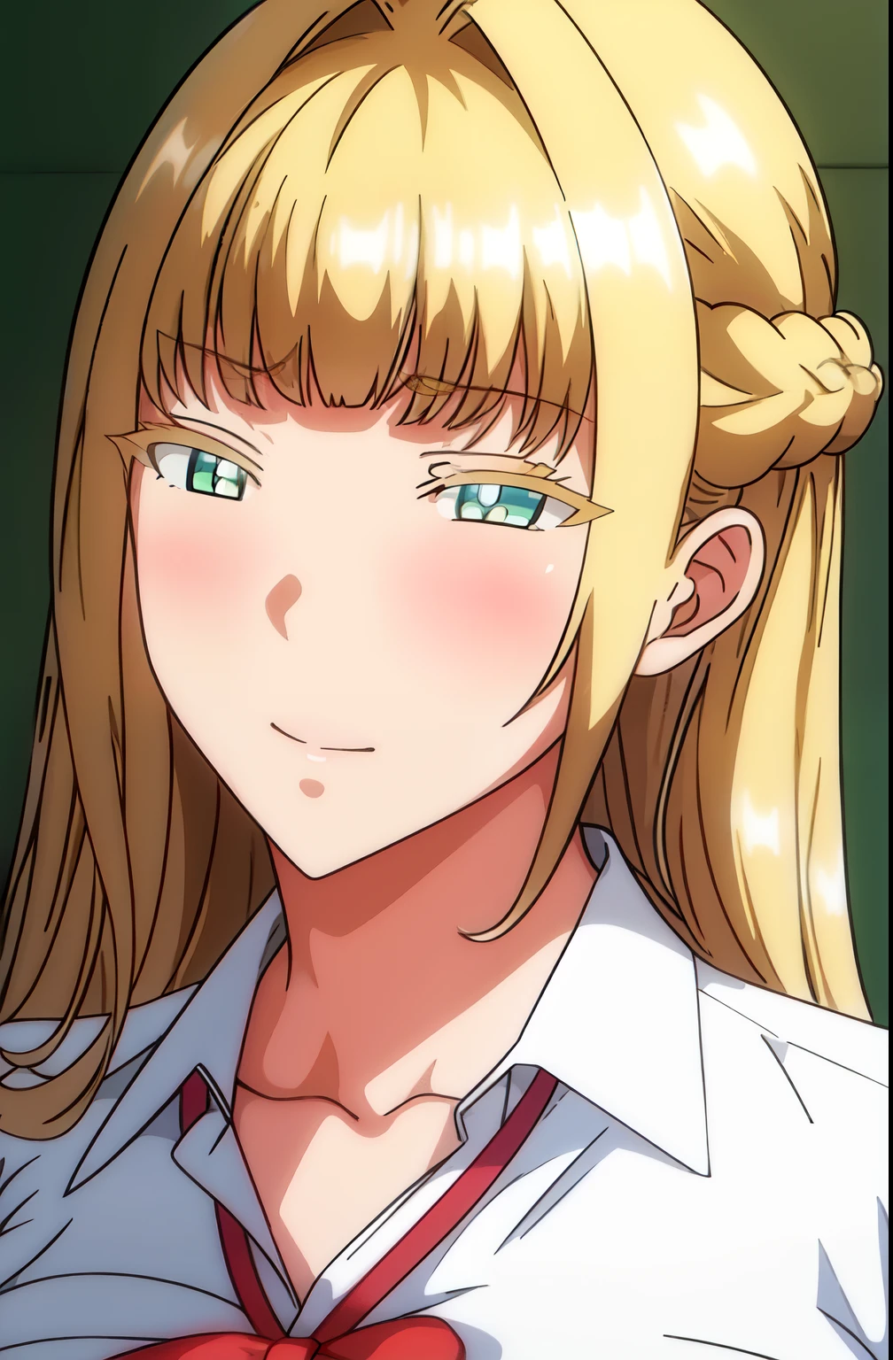 Simple White Background, school_uniform,White collared shirt, pleated skirt, red_bowtie, Hair hair ribbon, blonde hair ,green eyes,bangs,Long_hair,braided bun,braid, 1 girl, 20yo,Young female,Beautiful Finger,Beautiful long legs,Beautiful body, Beautiful Nose,Beautiful character design, perfect eyes, perfect face,expressive eyes,perfect balance, looking at viewer,(Focus on her face),closed mouth, (innocent_big_eyes:1.0),(Light_Smile:0.3), official art,extremely detailed CG unity 8k wallpaper, perfect lighting,Colorful, Bright_Front_face_Lighting,White skin, (masterpiece:1.0),(best_quality:1.0), ultra high res,4K,ultra-detailed, photography, 8K, HDR, highres, absurdres:1.2, Kodak portra 400, film grain, blurry background, bokeh:1.2, lens flare, (vibrant_color:1.2),professional photograph, (Beautiful,large_Breasts:1.4), (beautiful_face:1.5),(narrow_waist),, full body, bra, ipen clothes, creampie