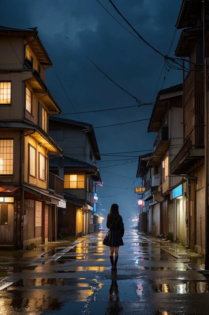 Dark and spooky night、Lightning ripped the sky、A flash of light instantly illuminates the town.。In the center of the image is the、A beautiful Japanese girl is standing with her back turned。Her long hair flutters in the wind、The shiny, rain-soaked jacket reflects the light of the lightning.。A black cat was next to her.、Also looking ahead。
In the background are old Japanese buildings and utility poles with electric wires strung across them.、The overall appearance of the ruined city can be seen.。The ground is wet with rain、Shining puddles can be seen here and there。The sky is covered with thick clouds、As the thunder rumbles、Lightning creates multiple lines。
The beautiful girl is wearing a pleated skirt、On his feet he wears sturdy boots。Her posture is strong、I can feel the determination to move forward towards my destination.。The black cat next to her、He stands by her as if he were her guide.。
A few lights dot the distance of the town、There is a sense of life in the place.、The overall impression is that it is deserted.。The building seen in the distance、The shops and houses look like they've lost their former vitality.。The sign reads:「drone」The words "、Its meaning is unclear。
This image is、Set in a ruined city of the future、It depicts a beautiful girl moving forward with a goal and her black cat companion.、There is a sense of tension and mystery。