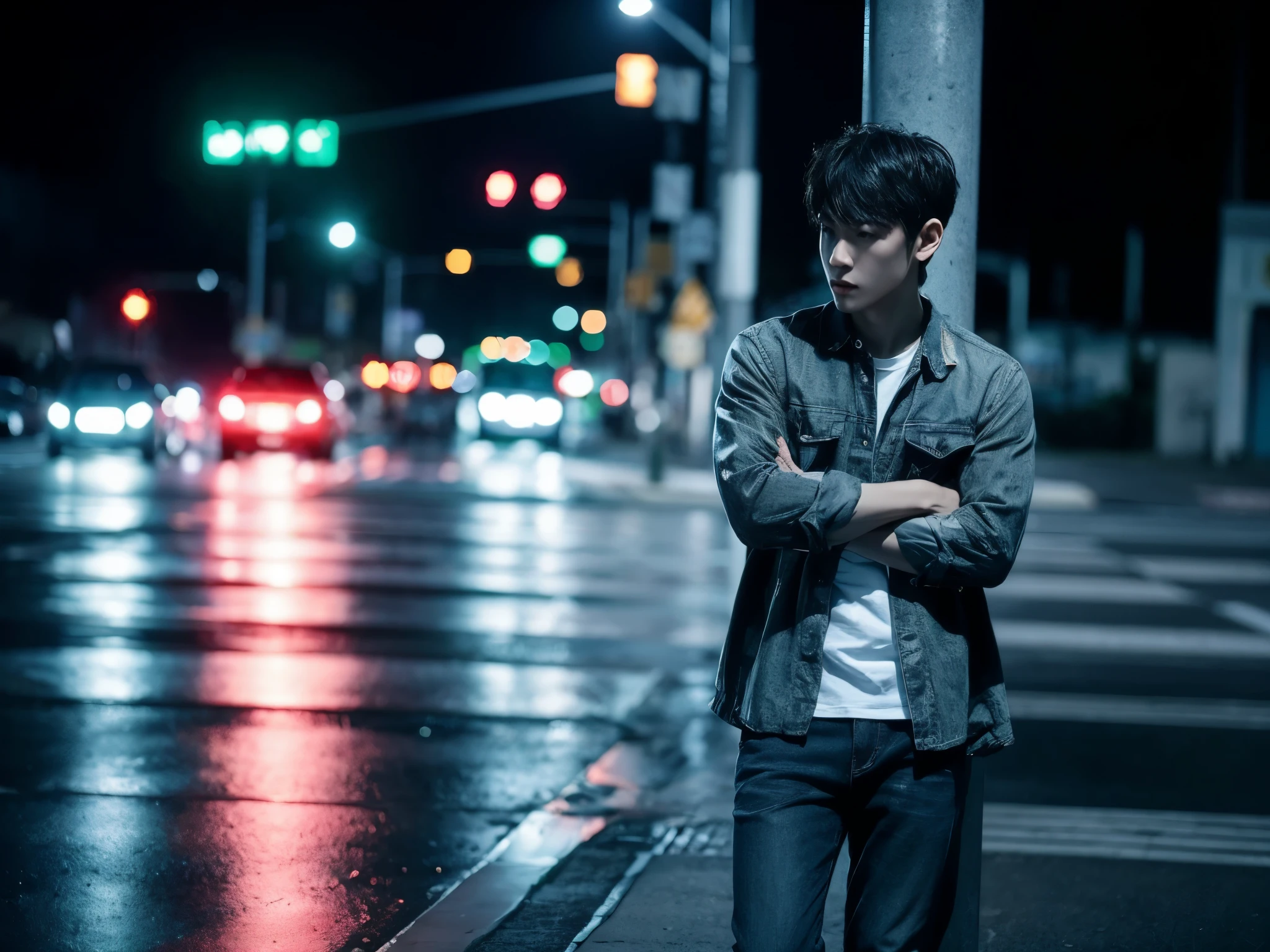 1 men, full body, flanel, traffic signlights