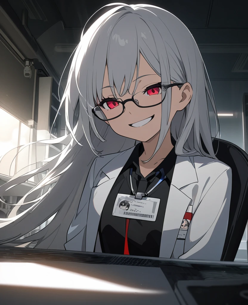 A nihilistic and evil smile,Anime painting:1.2,A small, young girl with glasses and very long silver hair and red eyes wearing a white lab coat is smiling wickedly with her mouth open.:1.2,In a dimly lit laboratory,Composition from the upper body up,Sitting cross-legged on an office chair,A name tag hanging from his neck
