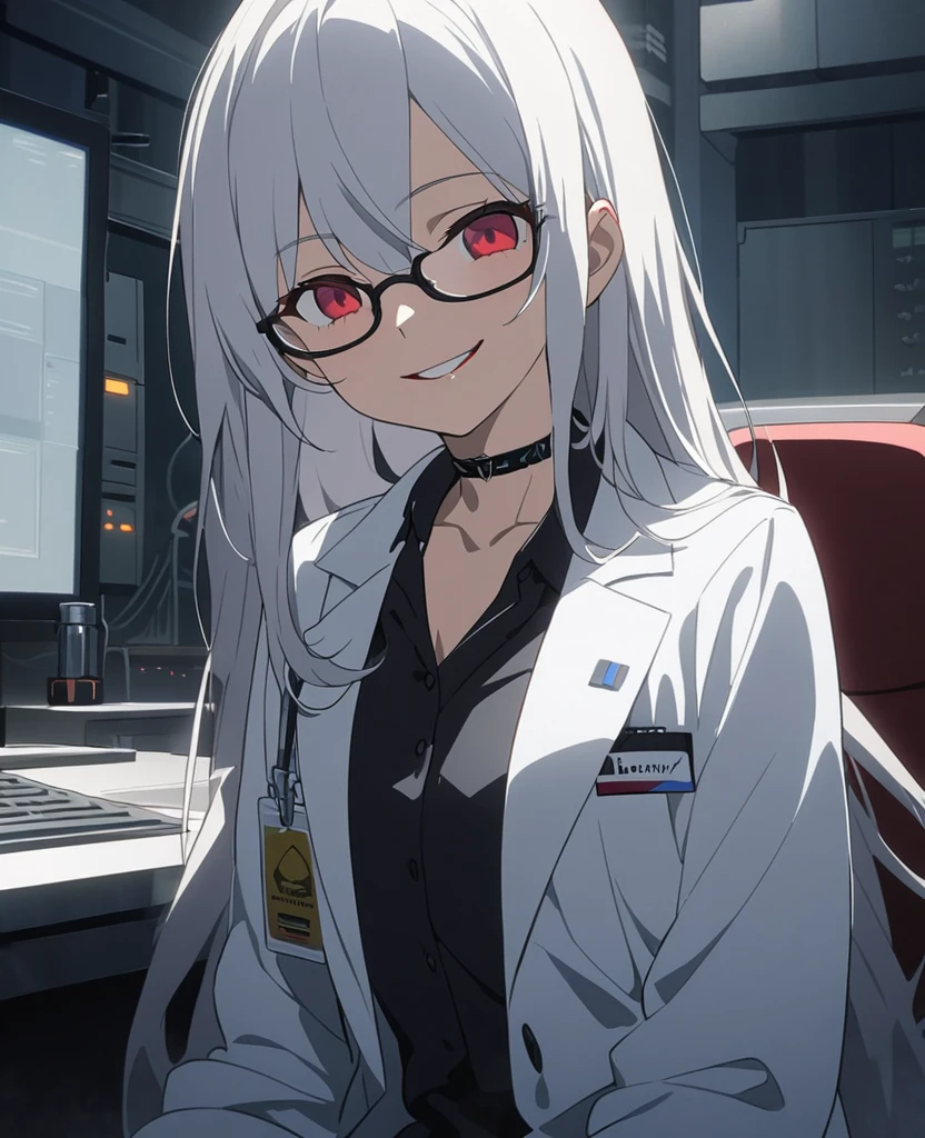 A nihilistic and evil smile,Anime painting:1.2,A small, young girl with glasses and very long silver hair and red eyes wearing a white lab coat is smiling wickedly with her mouth open.:1.2,In a dimly lit laboratory,Composition from the upper body up,Sitting cross-legged on an office chair,A name tag hanging from his neck