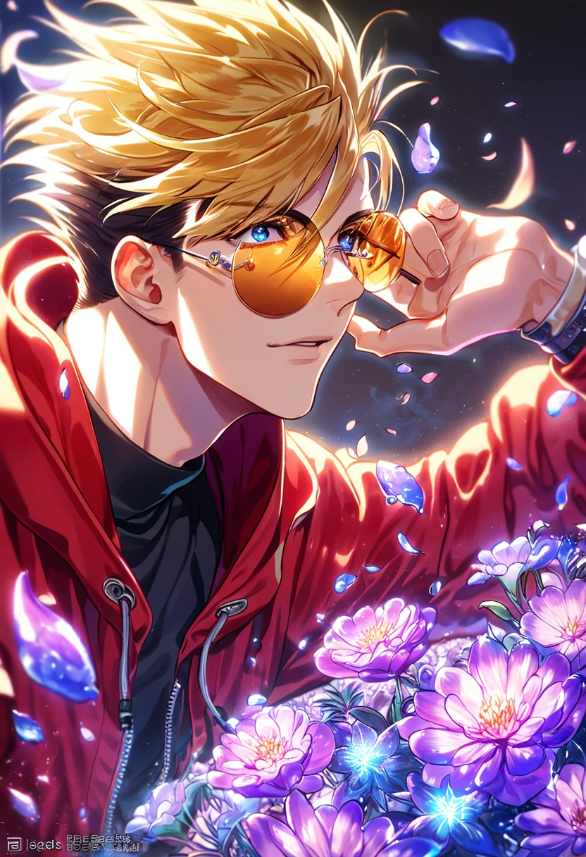 Ultra detailed, HDR, Highres, absurdres, master piece, Vash Stampede, expressive blue eyes, blond hair, red coat with a hoodie, black tight shirt, amber round sunglasses, Trigun, glass, purple ice, petals, purple ice flowers, man, solo, handsome, glittering, purple glass, best quality