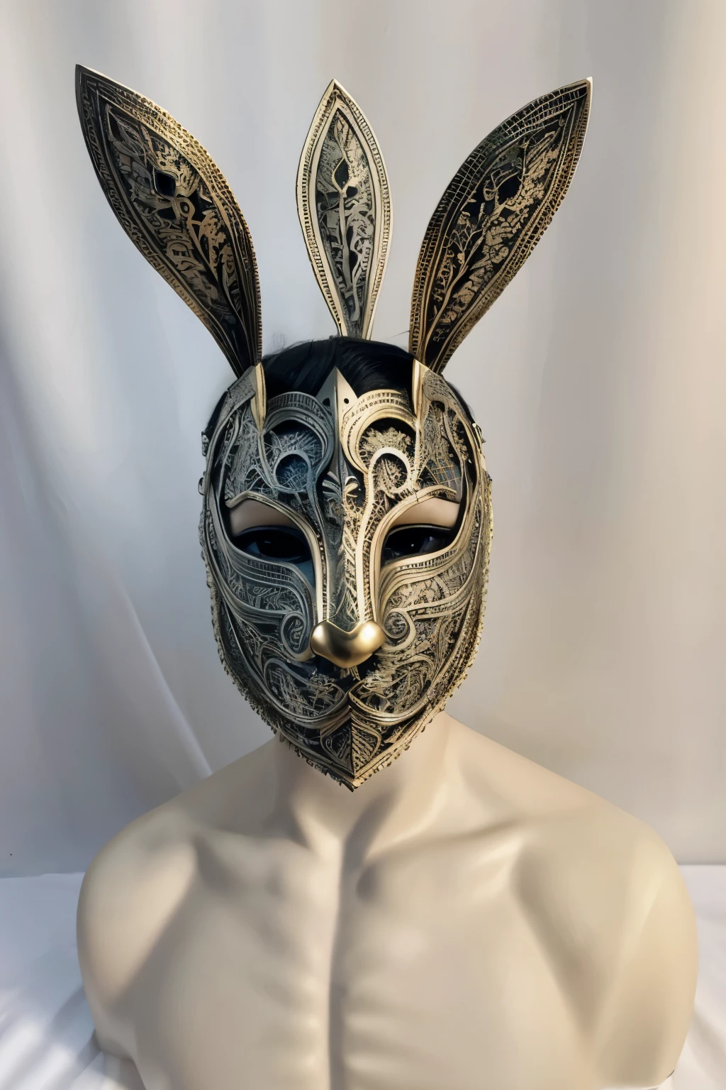 realistic man in a high detailed filigree rabbit mask