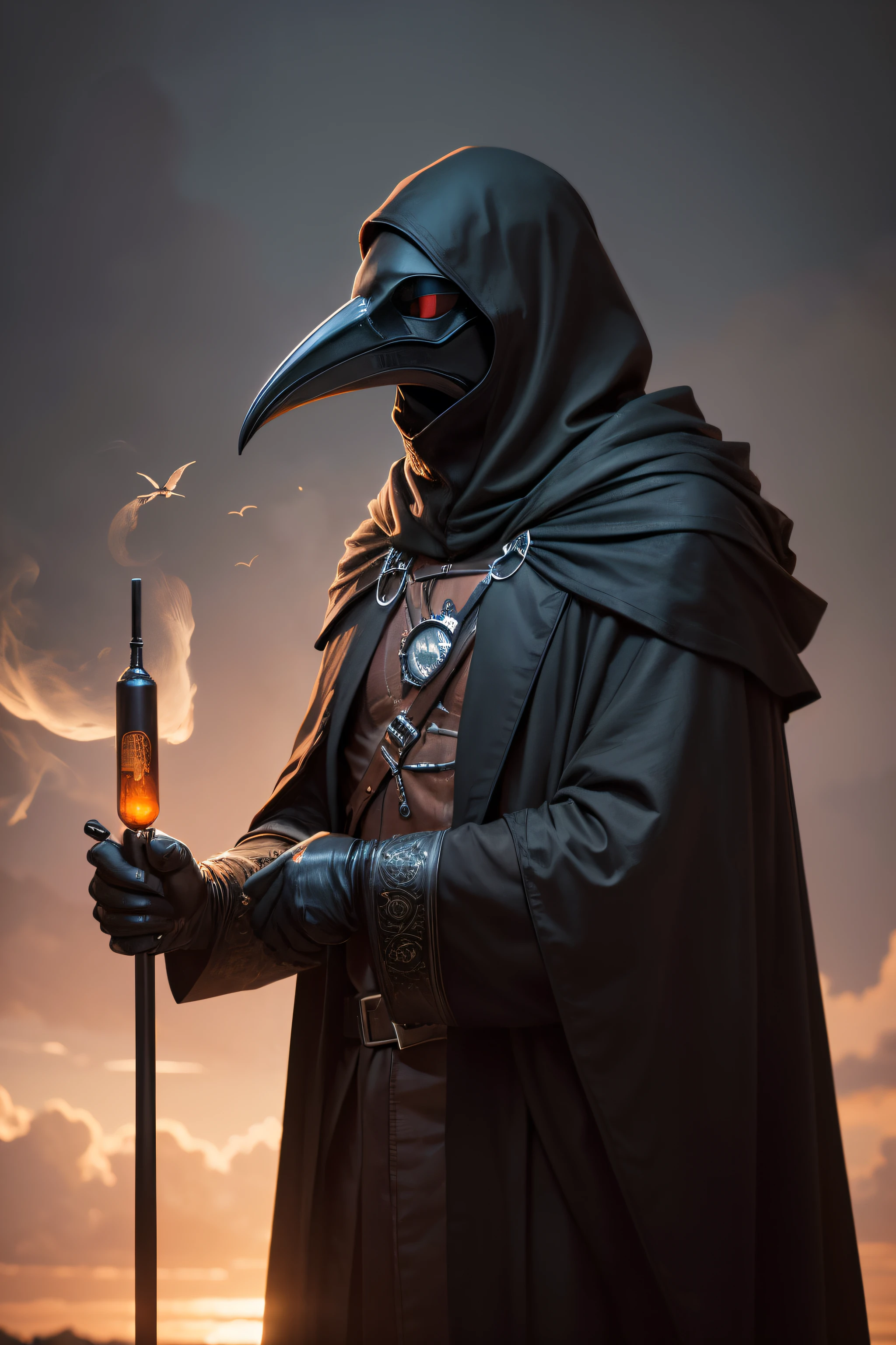 plague doctor in a black crow mask holds a test tube inside which there is an antidote. birds flying around, the night. 256 mil, photographic realism, Ultra-realistic, high dynamic range, CRU photo, 300DPI, dark epic, arte-eklerika, hdr+, f/8, 30mm lense, 1/250s, iso 200, Surrealism, highy detailed, DeepL, noise texture, Sharp contours, Depth of field, High definition, professional foto.
