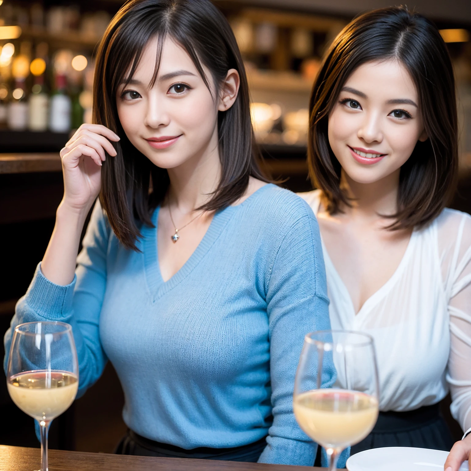 ((Highest quality、8K、masterpiece:1.3))、Yuuko Araki、slimカップル、Pink rubber、modelカップル、(Realistic, Intricate details:1.2), full-course dinner、Wine Party、Amazing view of the sunset sky and clouds、A bright smile、The wonderfulness of smile、Bright image、The beauty of wine, Beautiful Face, blue eyes, The light shines on your face, Blushing, short hair,Bright Face、 (Age 37), 39 years old, red wine 、Appetizers、Italian food、Wine bottle、Champagne、sparkling wine、Two beauties、Brown Hair、Shortcuts、Long sleeve shirt、dress、Beautiful woman 1, (slimな顔), (The body is slim), (Brown Hair), (Shortcuts), cheeks turn a little red,Attractive beauty、restaurant, In a prominent place (From the waist up) Nova Frog Style, actress, model, Upper Body, White wine, slim, wine glass, 中央に置かれたwine glass, smile, (smile: 1.15), Beautiful fine grain, Depth f/2,saturation, High Contrast, Strong light and shadow,Moist Body:1.5、3D texture、Delicate eyes、Brown Hair、The hair is very shiny、