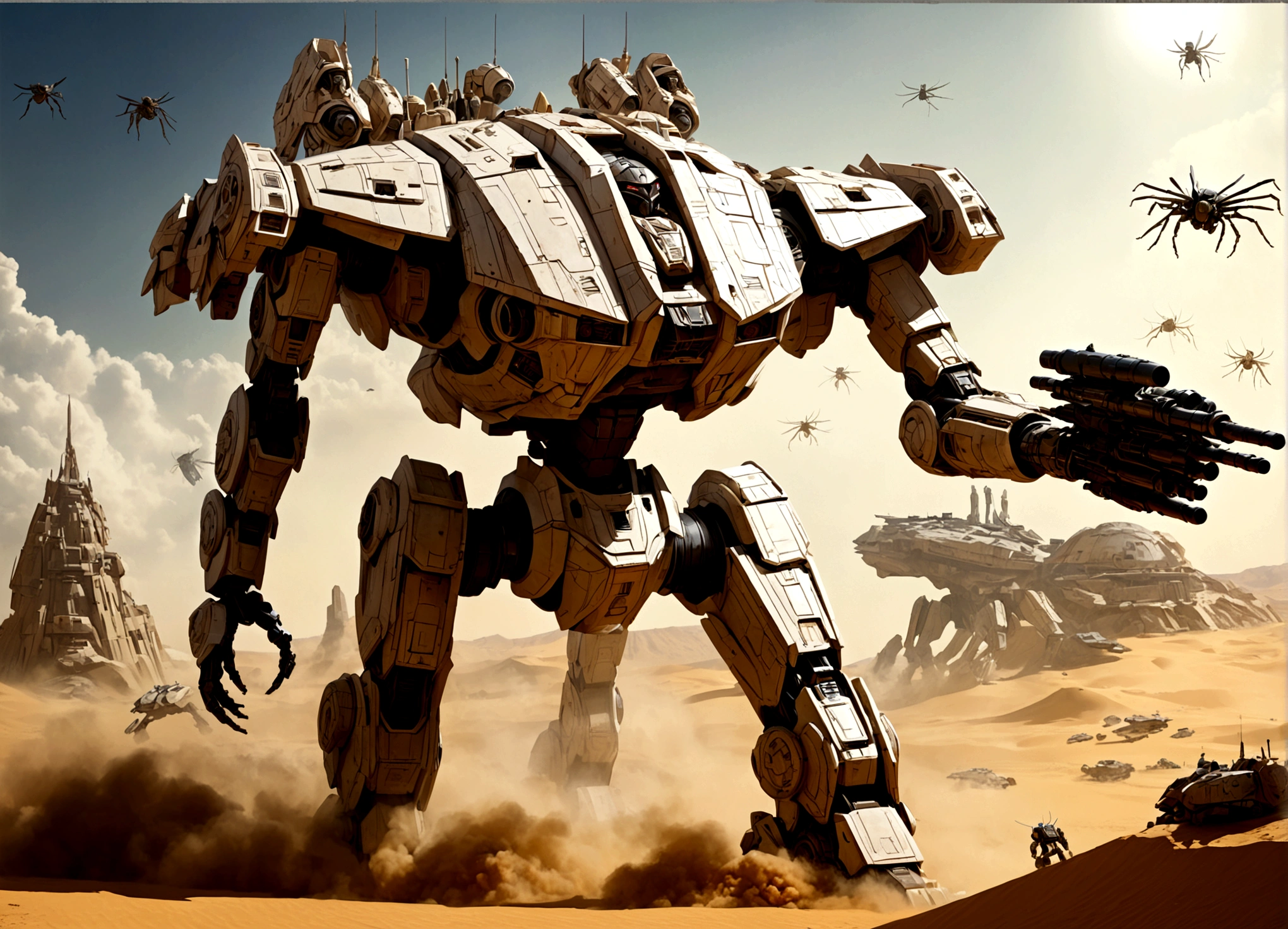 Star Wars, an imperial armored walker (mecha with big guns) assault an alien stronghold (organic appearance, like an insect hive) on a desert world, fire fight