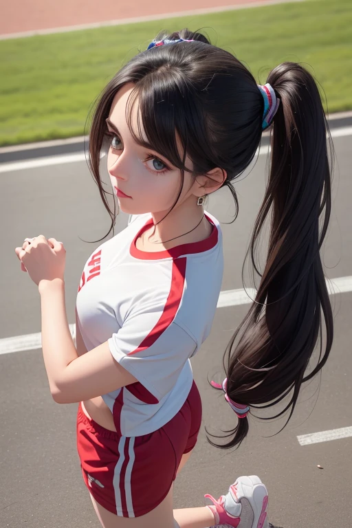 (best qualityer), (hyper realist), mh-yk, 1girl, solo, black hair, eyes browns, , long hair, athletic clothing,physical education clothes,,big ,, twintails, plein-air, hair rings, ful dressed, jewelly, bangss,standing wearing sneakers on the athletics track showing off to the spectator ,back scene emphasis on the rear, olhar malicioso ,Closeup filmed from above, looking at the viewer, expressive scene