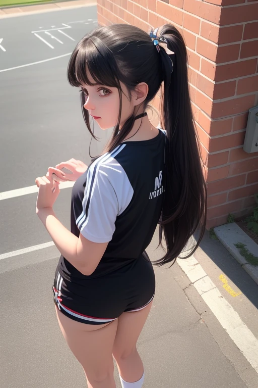 (best qualityer), (hyper realist), mh-yk, 1girl, solo, black hair, eyes browns, , long hair, athletic clothing,physical education clothes,,big ,, twintails, plein-air, hair rings, ful dressed, jewelly, bangss,standing wearing sneakers on the athletics track showing off to the spectator ,back scene emphasis on the rear, olhar malicioso ,Closeup filmed from above, looking at the viewer, expressive scene 