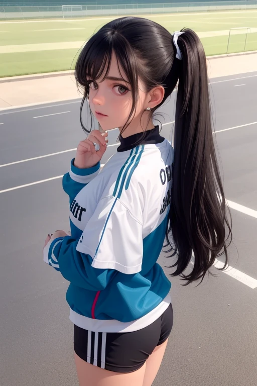 (best qualityer), (hyper realist), mh-yk, 1girl, solo, black hair, eyes browns, , long hair, athletic clothing,physical education clothes,,big ,, twintails, plein-air, hair rings, ful dressed, jewelly, bangss,standing wearing sneakers on the athletics track showing off to the spectator ,back scene emphasis on the rear, olhar malicioso ,Closeup filmed from above, looking at the viewer, expressive scene 