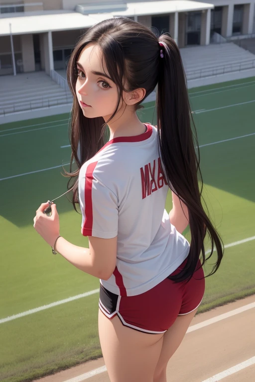 (best qualityer), (hyper realist), mh-yk, 1girl, solo, black hair, eyes browns, , long hair, athletic clothing,physical education clothes,,big ,, twintails, plein-air, hair rings, ful dressed, jewelly, bangss,standing wearing sneakers on the athletics track showing off to the spectator ,back scene emphasis on the rear, olhar malicioso ,Closeup filmed from above, looking at the viewer, expressive scene 