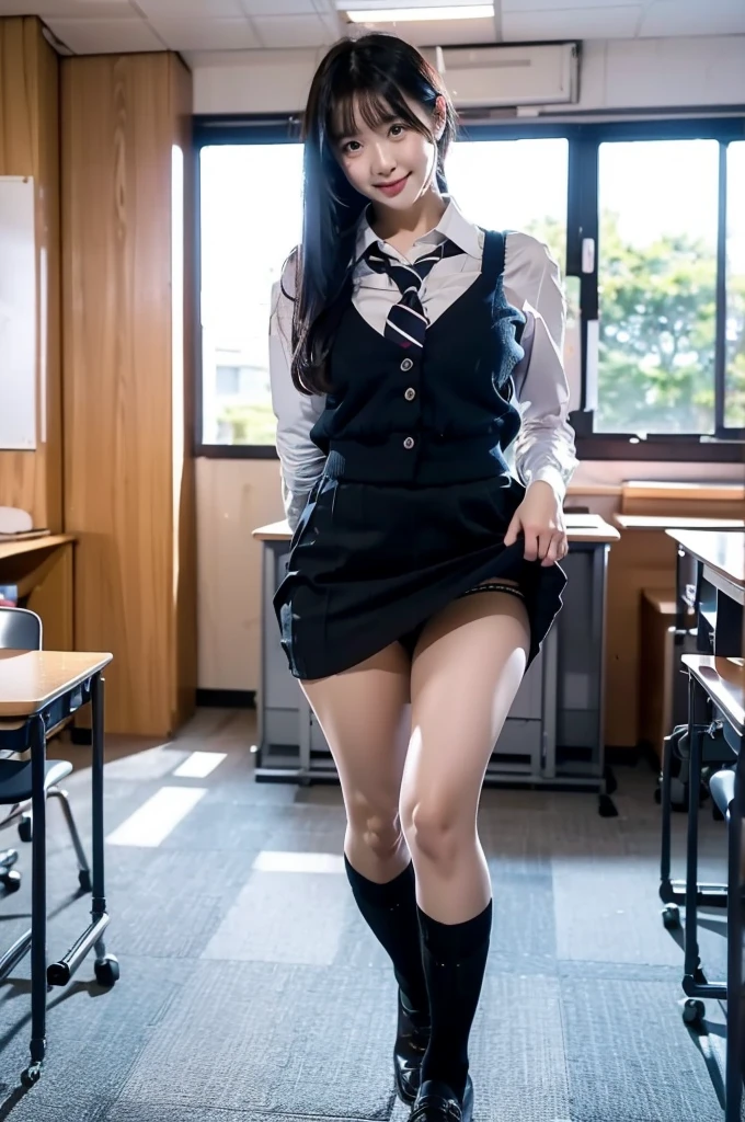 Lift up your skirt、Showing panties、、Black Hair、Showing panties、Lift up your skirt、Pull up your skirt、Sneer、Smirking face、、School classroom