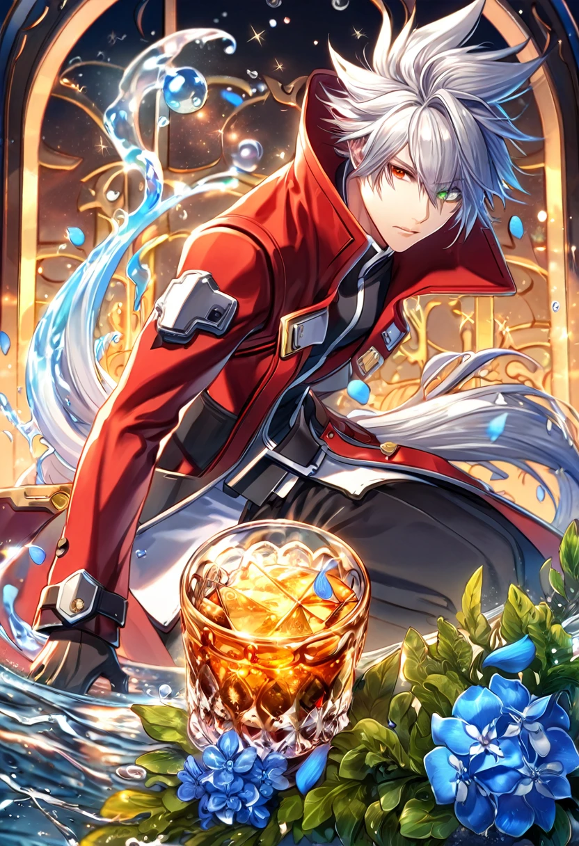 absurdres, highres, ultra detailed, HDR, master piece, best quality, extremely detailed, Ragna The Blood Edge, white hair, heterochromia, right eye red, left eye green, Blazblue, solo, sexy man, handsome, red coat, magical, fantasy, glittering, sparkling, glass, blue flowers, blue petals, water, blue moon