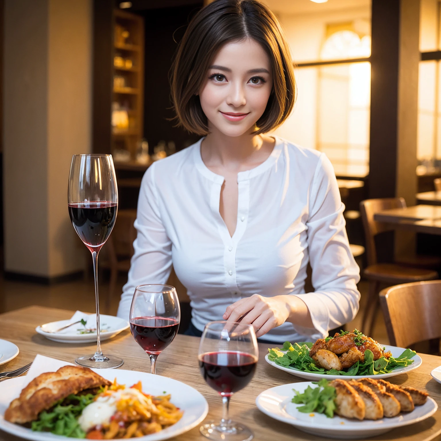 ((Highest quality、8K、masterpiece:1.3))、slimカップル、Pink Lover、modelカップル、(Realistic, Intricate details:1.2), full-course dinner、Wine Party、Amazing view of the sunset sky and clouds、A bright smile、The wonderfulness of smile、Bright image、The beauty of wine, Beautiful Face, blue eyes, The light shines on your face, Blushing, short hair,Bright Face、 (Age 37), 39 years old, red wine 、Appetizers、Italian food、Wine bottle、Champagne、sparkling wine、Two beauties、Brown Hair、Shortcuts、Long sleeve shirt、dress、Beautiful woman 1, (slimな顔), (The body is slim), (Brown Hair), (Shortcuts), cheeks turn a little red,Attractive beauty、restaurant, In a prominent place (From the waist up) Nova Frog Style, actress, model, Upper Body, White wine, slim, wine glass, 中央に置かれたwine glass, smile, (smile: 1.15), Beautiful fine grain, Depth f/2,saturation, High Contrast, Strong light and shadow,Moist Body:1.5、3D texture、Delicate eyes、Brown Hair、The hair is very shiny、