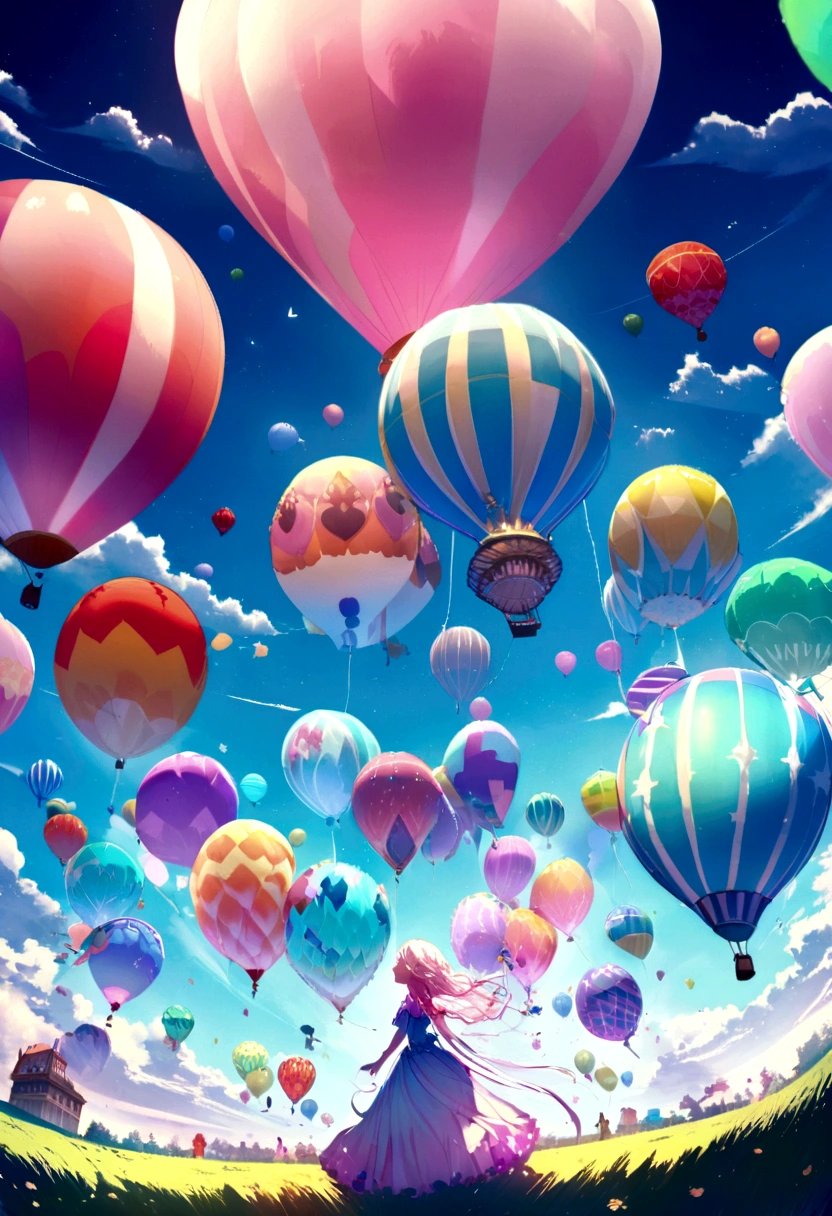 Depict a scene where a single colorful hot air balloon floats in a clear sky. Suddenly, it bursts and begins to leak, releasing a stream of surreal, dreamlike shapes and colors. The sunlight reflects off the colorful fragments of the balloon as they drift, casting whimsical shadows on the calm ground below, creating a fantastical blend of wonder and mystery