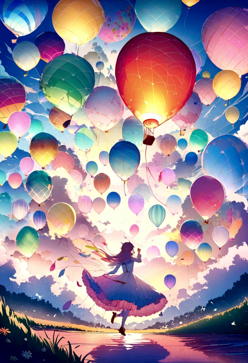Depict a scene where a single colorful hot air balloon floats in a clear sky. Suddenly, it bursts and begins to leak, releasing a stream of surreal, dreamlike shapes and colors. The sunlight reflects off the colorful fragments of the balloon as they drift, casting whimsical shadows on the calm ground below, creating a fantastical blend of wonder and mystery