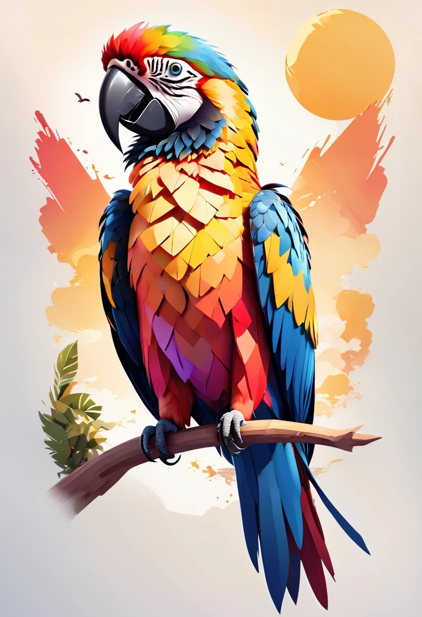 a silhouette drawing of a macaw bird , sunset design, 3D art, cute and quirky, bright bold colorful., watercolor effect, , digitalpainting, low poly, Aerial view, isometric style, character-focused, 4k resolution, Photorealistic rendering, using Cinema 4D,正面. in white frame with gold details