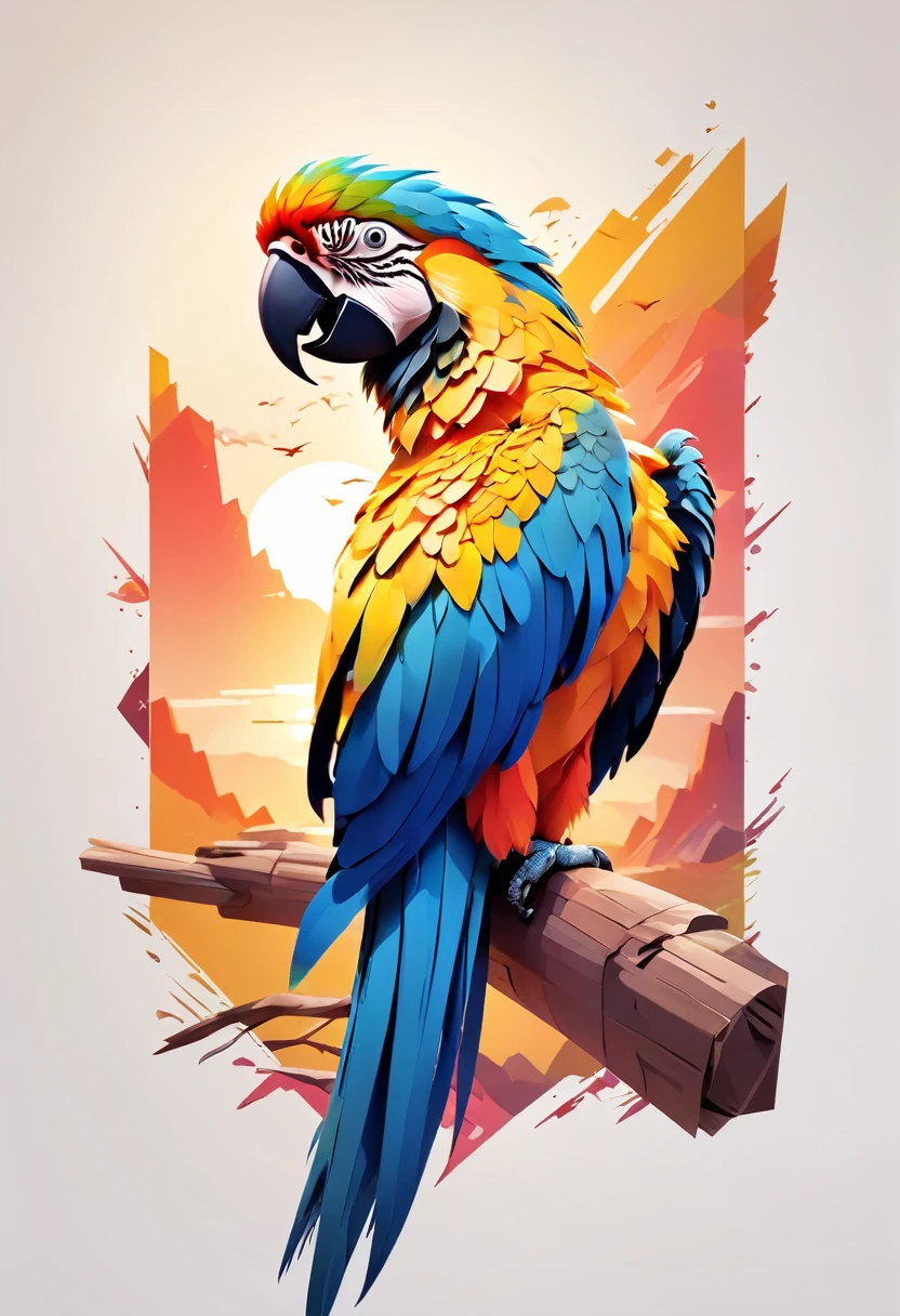 a silhouette drawing of a macaw bird , sunset design, 3D art, cute and quirky, bright bold colorful., watercolor effect, , digitalpainting, low poly, Aerial view, isometric style, character-focused, 4k resolution, Photorealistic rendering, using Cinema 4D,正面. in white frame with gold details