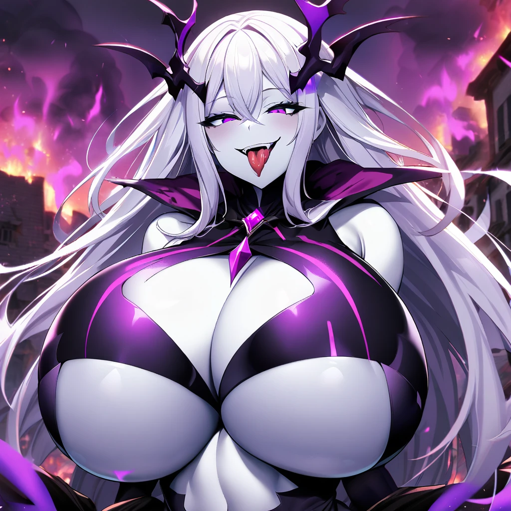 1girl,solo,white hair color,long hair,white skin,eye color purple,slanted eyes,sharp look,stick out one's tongue,super huge breasts,slender,Costume like a demon king,looking at viewer,smile,A purple flame burns Destroyed town background