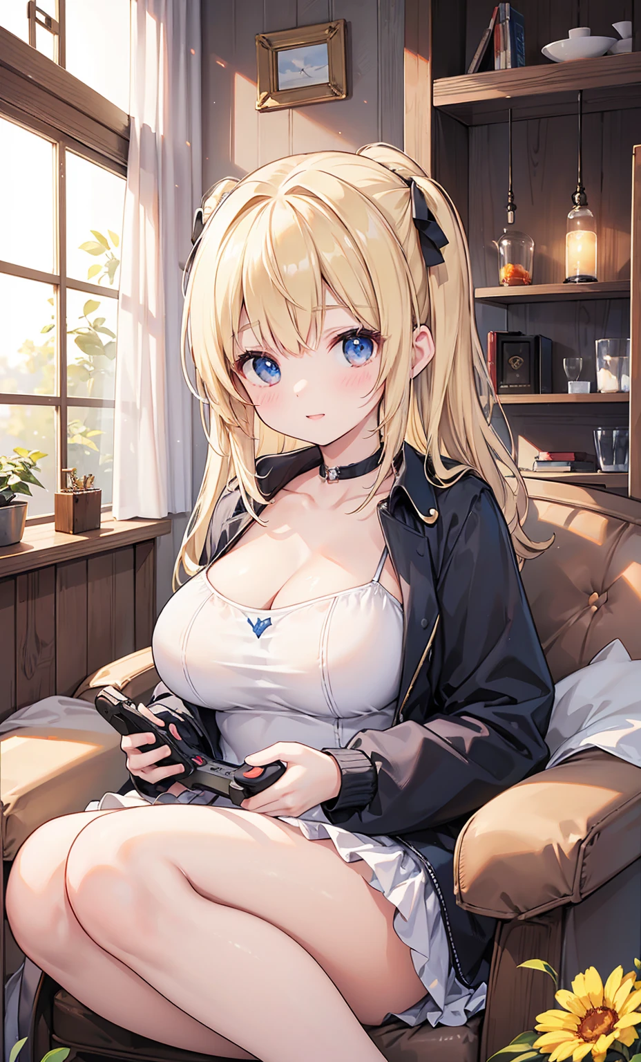 Photorealistic、Highest quality、Highest Resolution、Highest quality、8K、1人のBeautiful woman、Beautiful woman、Beautiful woman、Big Breasts、Inside the house、Play games、Holding a game controller、