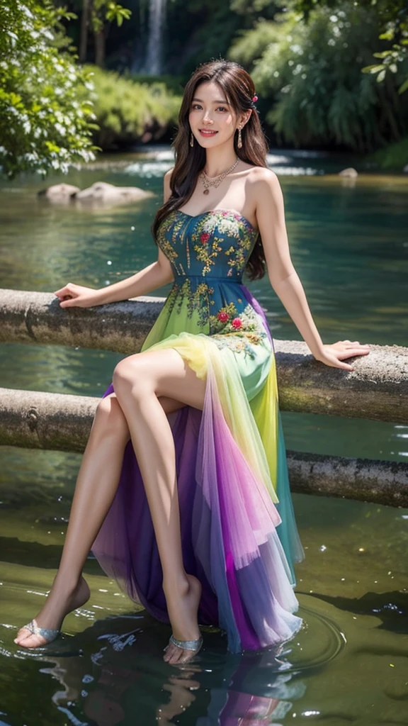 8K, ultra hd, masterpiece, very realistic, 1 girl, good face, very long hair, detailed eyes, detailed lips, super round medium breasts, Short Strapless Tulle Beads Prom Dress Green Mini Elegant 3D Flowers, ((pink,red,blue,black,green,meroon,purple,yellow colour random dress)), ((High resolution Dress Quality)), diamonds, jewellery, necklace, earring, lake, landscape, sitting, Bridge, Forest , standing in lake water , legs in water, Pine trees , Perfect body figure, Beautiful Smile, Cinematic photography, Sexy angles, Stylish poses, 4 Different poses, 64k , high resolution picture quality, very clear body figure, Flowers in hand, Flowers on Hair, walking in water, waterfalls