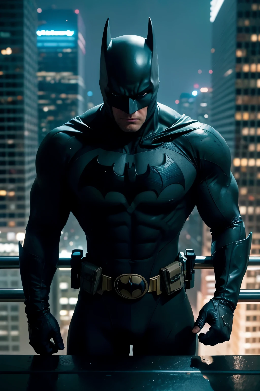 From a skyscraper's lofty heights, Batman stands, gazing down upon flooded streets, envisioning a future where innovation triumphs over chaos. The dawn of a new era in urban resilience unfolds before his eyes. Capture the essence of this transformative moment with a high-resolution camera, utilizing a 200mm lens to magnify every detail of the cityscape below. The lance-like focus promises to reveal the gritty realism of Batman's steadfast gaze, the glossy surface of his cowl, and the teardrop-shaped emblem on his chest. Observe the glistening waters reflecting the neon lights of