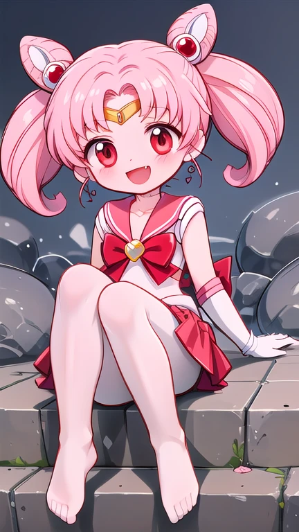 high quality，Sailor Moon，young年，Seven years old，cute，Metal hairpins，（***********），（Little ****），Pink Hair，short hair，（Red hairpin），（Double tail），Sailor Suit，Red bow，White elbow gloves，Red Skirt，(White pantyhose:1.******ung)，(Small)，（Short legs）（No shoes），Smile，Open your mouth，Fangs，sit，（Soles of the feet:1.2），（Raise your legs high）