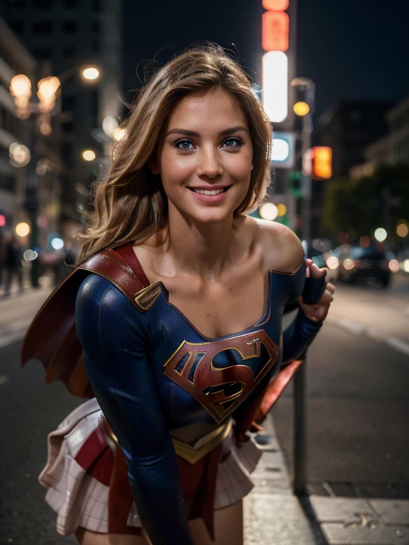 1 girl ((Dressed as a supergirl)) beautiful pretty supermodel, Realistic (blue eyes), (She is smiling: 1.1), perfect face, split lips, (Best quality, 8k, Masterpiece: 1.3), perfect hands, focus clear: 1.2, perfect body beauty: 1.4, slim abdomen: 1.2, highly detailed face and skin texture, detailed eyes, standing dynamic pose, (in an urban city) attractive pose, highly detailed, 28 years old, innocent face, hair smooth natural blonde, blue eyes, high resolution, Artwork, best quality, high and intricate details, highly detailed, sharp focus, detailed skin, realistic skin texture, texture, detailed eyes, Professional, 4K, charming smile, filmed on canon, 85mm, shallow depth of field, kodak vision color, perfect body fit, extremely detailed, photography_\(ultra\), photorealistic, realistic, Post-processing, maximum detail, roughness, Real life, ultra realistic, photorealism , photography, 8k hd, photography,Supergirl
