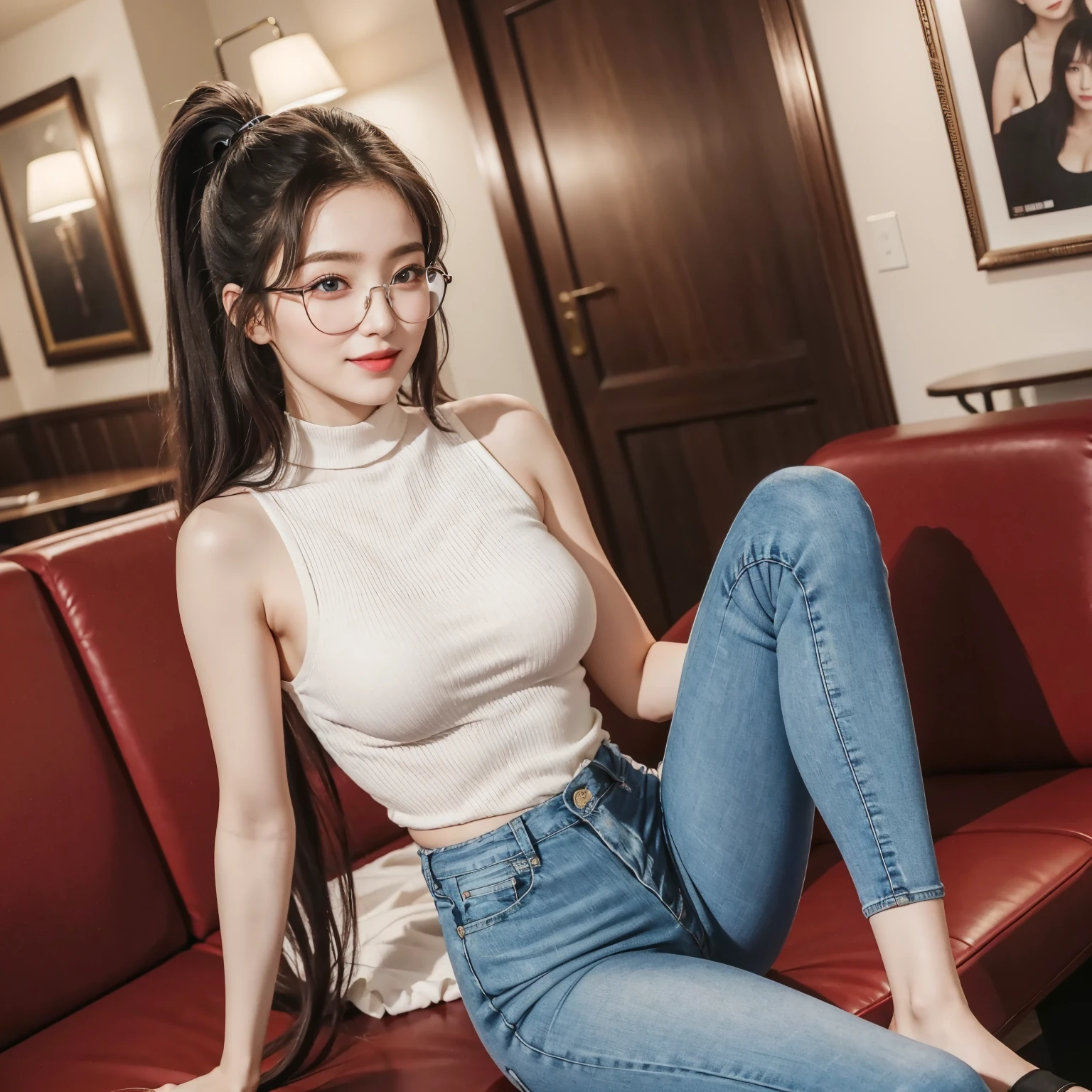 (Best quality, masterpiece, detailed), (RAW, 4k, hd images), 1 girl, , white skin, long hair, wave hair, ponytail, layers hair, bangs, black hair, beautiful girl, cute girl, sweet girl, pretty girl, perfect girl, perfect body, perfect eyes, pretty eyes, blue eyes, thin lips, (eye line, lip soft), perfect breast, glasses(detailed frame), indoors, cafe, smile, thigh, legs, long legs, hazelnut sleeveless turtleneck, skinny jeans, photo on the middle fancing camera, full body, cenimatic light
