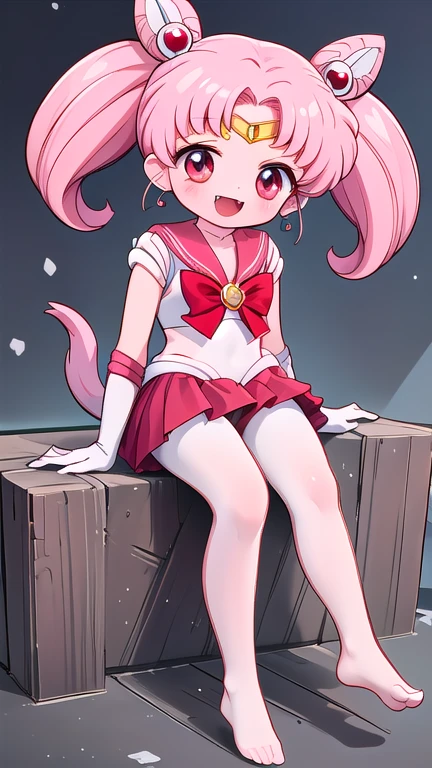 high quality，Sailor Moon，young年，Seven years old，cute，Metal hairpins，（***********），（Little ****），Pink Hair，short hair，（Red hairpin），（Double tail），Sailor Suit，Red bow，White elbow gloves，Red Skirt，(White pantyhose:1.******ung)，(Small)，（Short legs）（No shoes），Smile，Open your mouth，Fangs，sit，（Soles of the feet:1.2），（Raise your legs high）