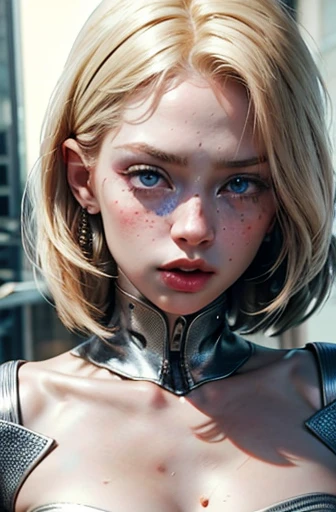 1 extremely beautiful very albino woman. Extremely slender, new, with freckles, symmetrical body, fully body, sensualizing, pouting her mouth with an expression of orgasm, bright blue eyes, highly exciting, High Quality 32k, hyper realist, cinematographic.
