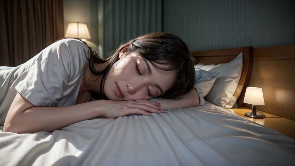 person lying down sleeping in a hotel room at night, there is little light in the room, in the hotel room there is a window and through that window there is someone watching