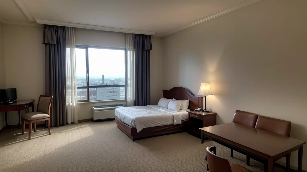 person lying down sleeping in a hotel room at night, there is little light in the room, in the hotel room there is a window and through that window there is someone watching