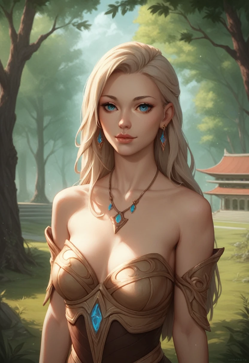 (8K, คุณภาพดีatสุด, Masterpiece), (very detailed:1.1), (ผิวatมีรายละเอียดสูง),1 girl, light blue_eyes, chest, rift, Depth_of_stadium, earring, forest, decorations, long_hair, look_at_viewer, moderate_chest, nature, necklace, outdoor, realistic, alone, tree, on_body, 