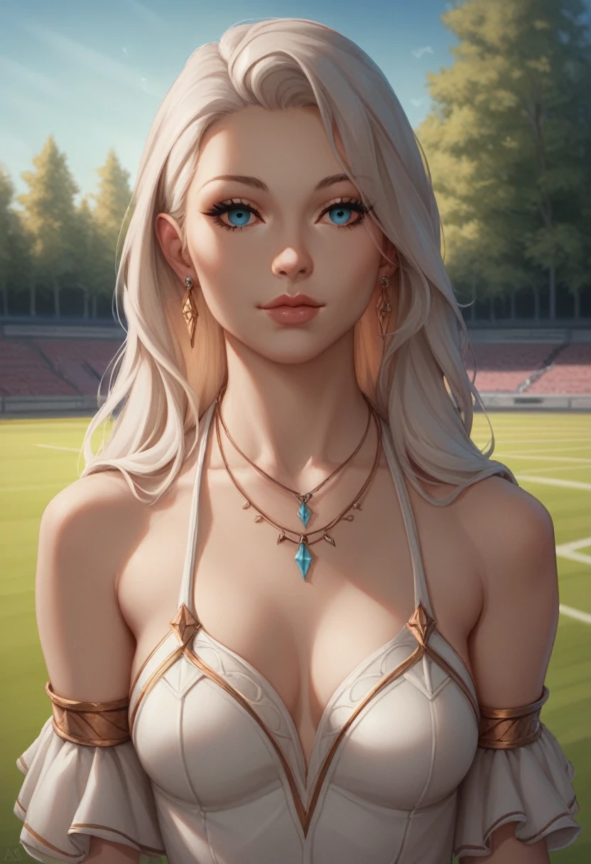 (8K, คุณภาพดีatสุด, Masterpiece), (very detailed:1.1), (ผิวatมีรายละเอียดสูง),1 girl, light blue_eyes, chest, rift, Depth_of_stadium, earring, forest, decorations, long_hair, look_at_viewer, moderate_chest, nature, necklace, outdoor, realistic, alone, tree, on_body, 