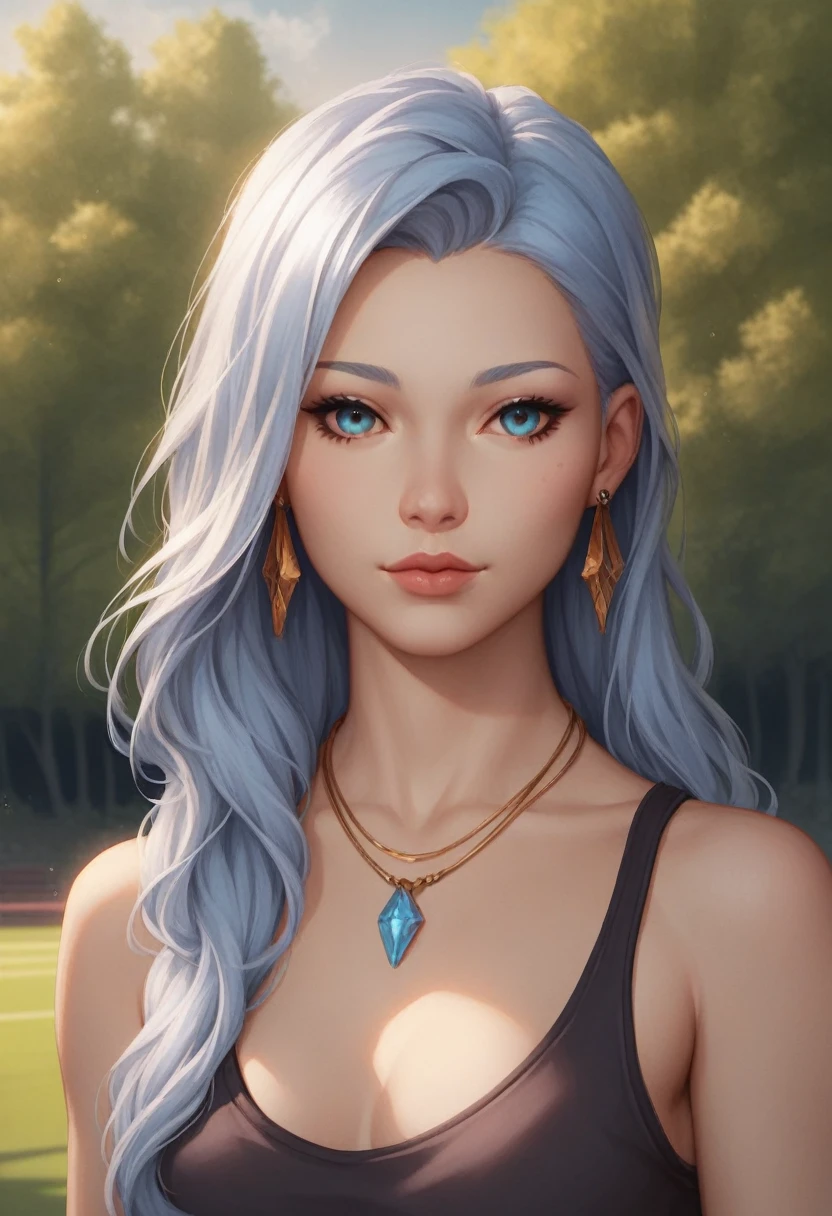 (8K, คุณภาพดีatสุด, Masterpiece), (very detailed:1.1), (ผิวatมีรายละเอียดสูง),1 girl, light blue_eyes, chest, rift, Depth_of_stadium, earring, forest, decorations, long_hair, look_at_viewer, moderate_chest, nature, necklace, outdoor, realistic, alone, tree, on_body, 