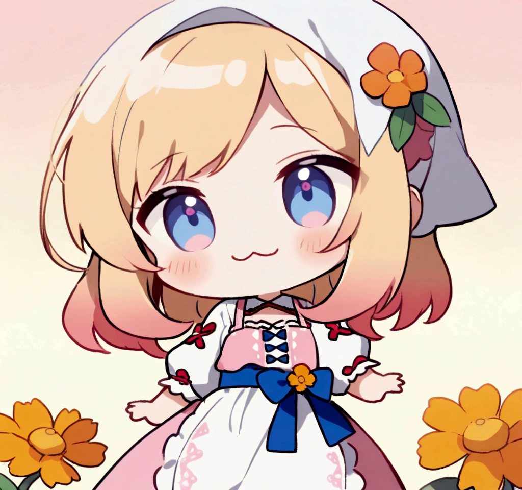 golden orange hair, gradient hair, very long hair, swept bangs, sidelocks, curly hair, wavy hair, (((((head scarf))))), head bandana, pink apron, flower in hair, marigold, orange flower, blue eyes, dirndl, pink dress, pink dirndl, long sleeves, waist apron, white apron, bow on waist, blue bow, , polish clothing, Slavic clothing, Hungarian clothing, anime, cute, flat chest, solo, exaggerated expression, chibi, :3, 