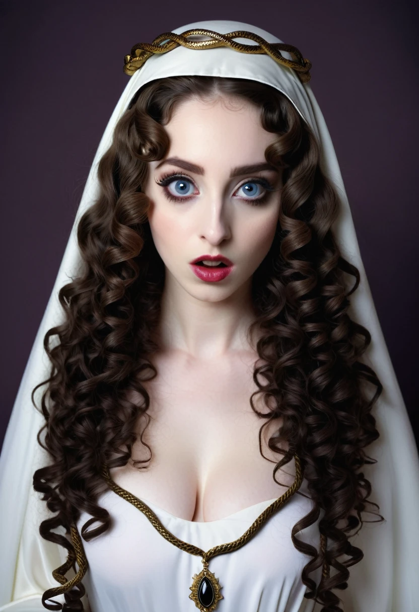 young woman,pale skin,Curly hair and dark color, big eyes with black pupils, dressed as the Virgin Mary. , with a thin nose . with an exaggeratedly elongated mouth similar to that of a demon with a snake&#39;s tongue with several fangs in its mouth.