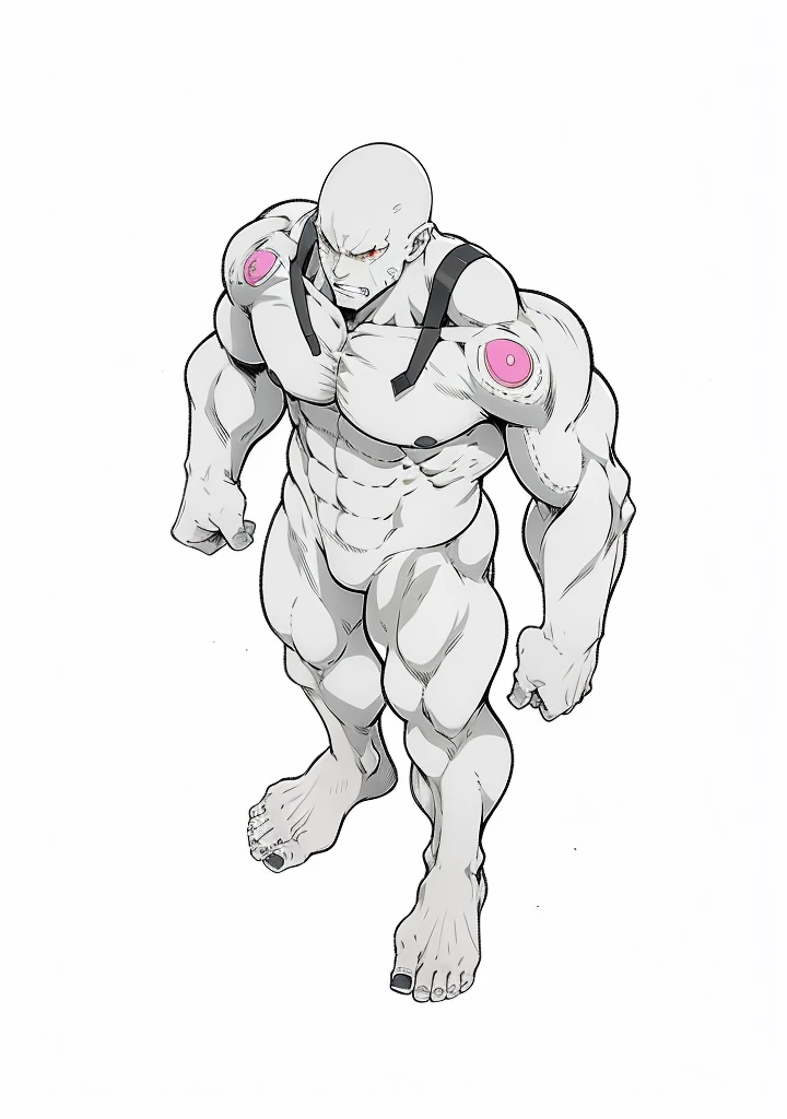 Generate an anime style art image of a mutant adult male with no hair ,Villain Posture, agressive , angry ,nt look ,anime art.