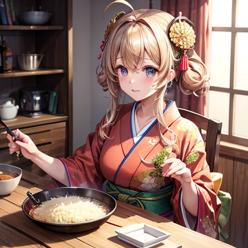 masterpiece, Highest quality, High resolution, 1girl 22 Ahoge Hair Accessory, Making tonkatsu in a kimono