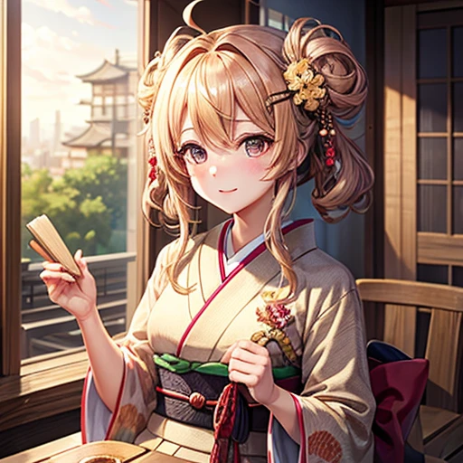masterpiece, Highest quality, High resolution, 1girl 22 Ahoge Hair Accessory, Making tonkatsu in a kimono