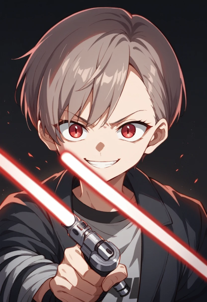 Kyotaro Ichikawa, Red eyes, evil smile, black jacket, black t-shirt with red details, gray sports pants, sneakers, lightsaber de color rojo, lightsaber (Star Wars), black background, Red light reflection, close view