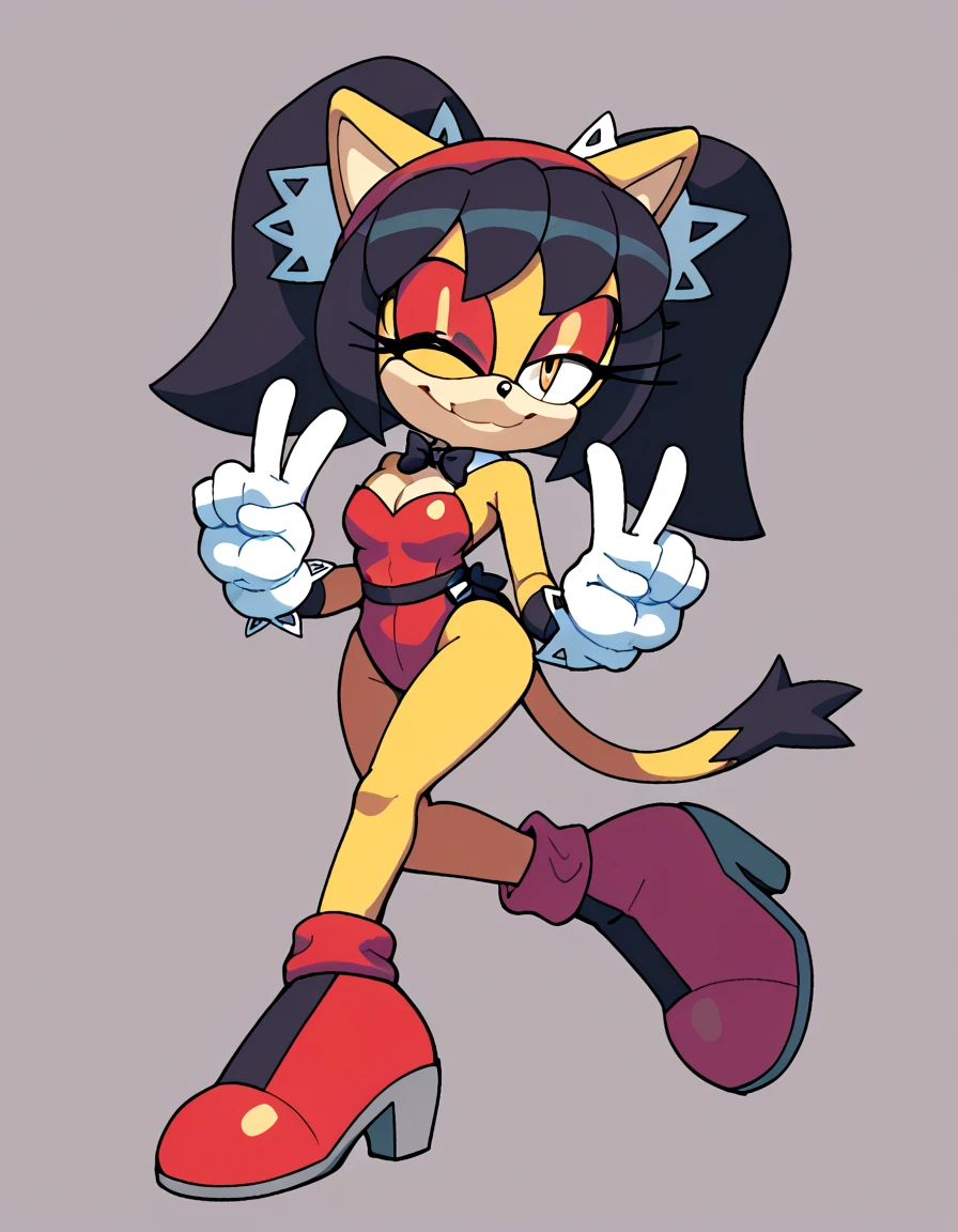score_9, score_8_up, score_7_up, score_6_up, masterpiece, best quality, honey the cat, 1girl, solo, looking at viewer, smile, simple background, gloves, bare shoulders, closed mouth, full body, one eye closed, white gloves, high heels, leotard, bare legs, strapless, red makeup, highleg, playboy bunny, happy, red footwear, white bowtie, furry, highleg leotard, eyeshadow, strapless leotard, orange eyes, furry female, sonic the hedgehog \(series\), black stockings, (peace sign on one hand)