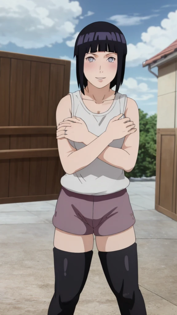 Masterpiece, Hinata\(Boruto\), 1 girl, alone,mature woman, milf, short hair, (wearing mini tanktop & mini hotpants:1.25),  outdoor, look at viewer, (petals falling), The sky is cloudy, laundry-ing, perfect composition, details lips, big breast, Beautiful face, body proportions, Blush, (pink lips), long hair,  purple eyes,  soft stare, sad smile,  Very realistic, details, photography, accurate faces and bodies, stay-at-home wife, lonely wife x burly black granpa, 