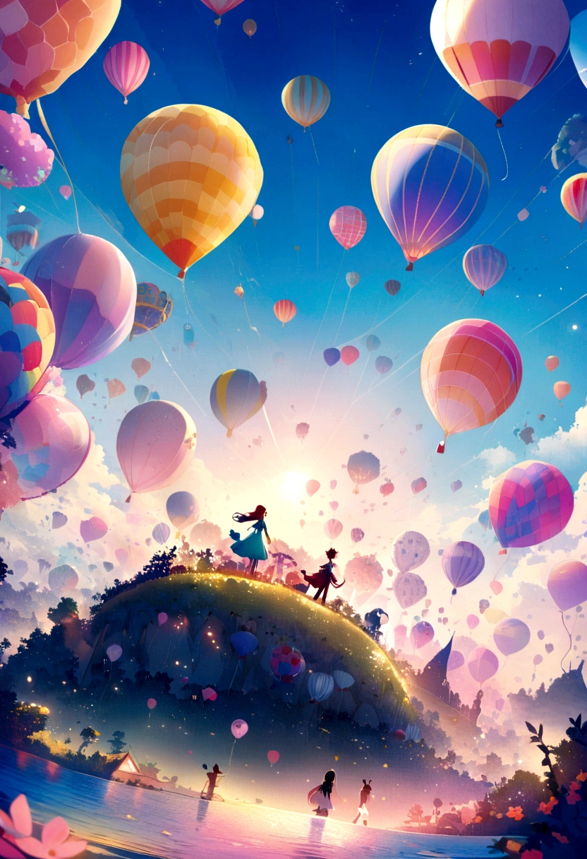 Depict a single hot air balloon floating in a clear sky. Suddenly, the balloon bursts, releasing surreal, dreamlike shapes and colors. Sunlight reflects off the colorful fragments of the balloon as they drift, casting whimsical shadows on the calm ground below, creating a fantastical blend of wonder and mystery.
