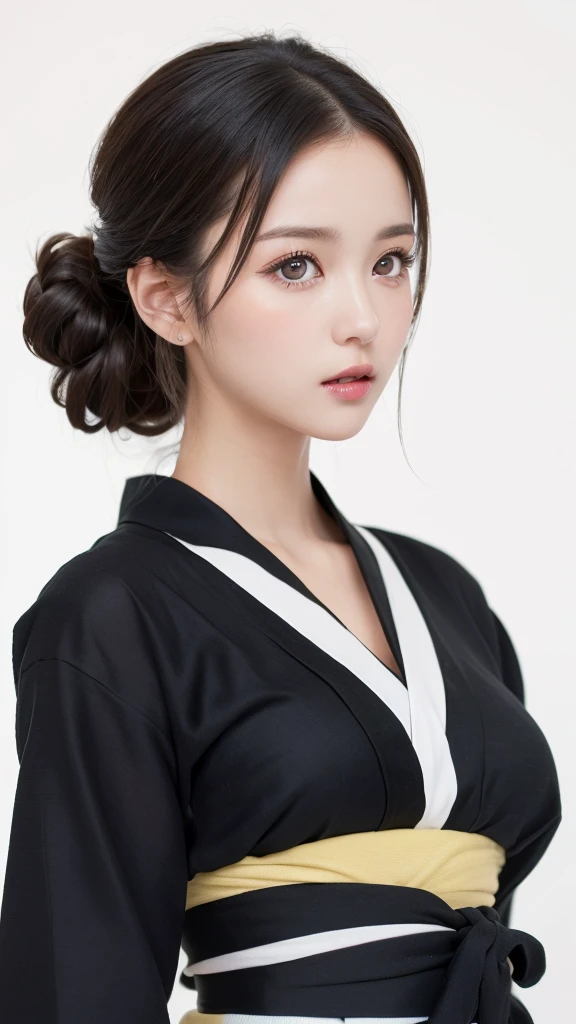 (((forehead、Northern Europe、White people、beautiful girl、Black Hair、White background、yukata、Chignon)))、table top, highest quality, figure, super detailed, finely, High resolution, 8k wallpaper, Perfect dynamic composition, detailed and beautiful eyes, Deco out,bionde, breasts, Natural color lip,white background, random cute poses,